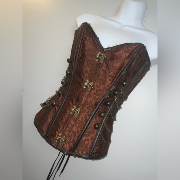 Mahogany Damask Steampunk Over-Bust Corset Top w/ Gold Accents Sz S/M - Picture 5 of 16